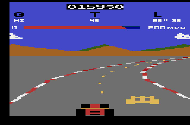 Pole Position Atari 2600 Screenshot: Passing a car on a turn...tricky!