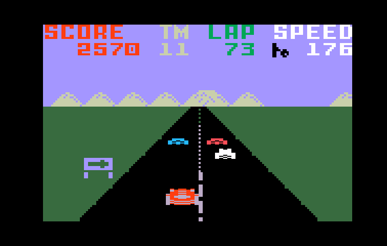 Pole Position Intellivision Screenshot: Be careful, a sharp turn is ahead...