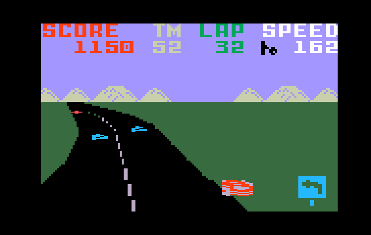 Pole Position Intellivision Screenshot: Don't go off the road for long! It slows you down and you may hit a road sign...
