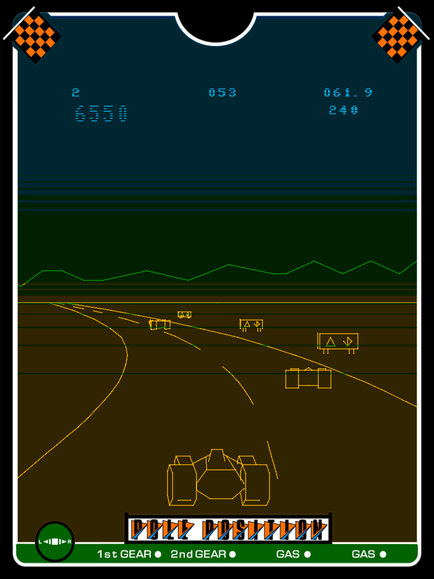 Pole Position Vectrex Screenshot: Don't crash into signs on the side of the road...