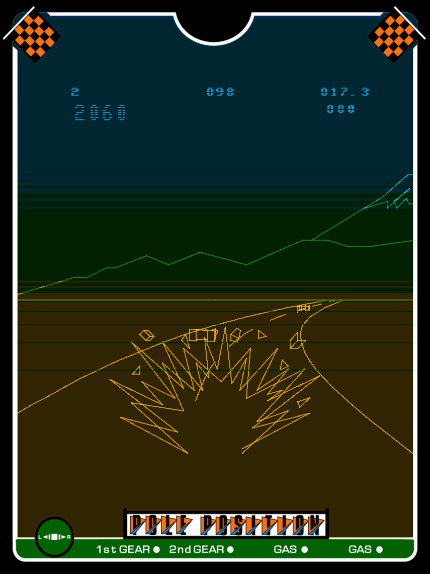 Pole Position Vectrex Screenshot: I hit another car! That will cost some time...