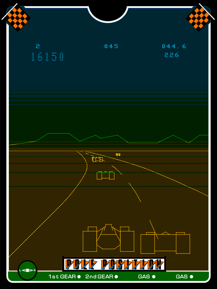Pole Position Vectrex Screenshot: Passing a car...