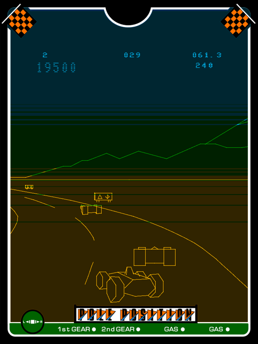 Pole Position Vectrex Screenshot: Be careful on these sharp turns.