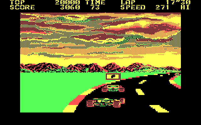 Pole Position IBM PC/Compatibles Screenshot: Yikes, sharp turn...