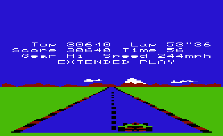 Pole Position Commodore VIC-20 Screenshot: Lap complete, Extended play!