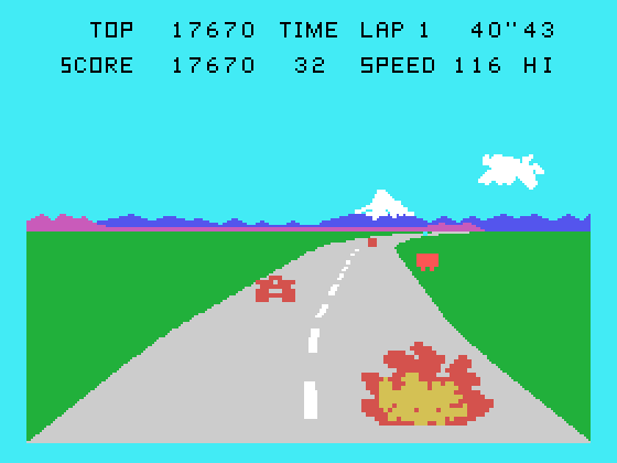 Pole Position TI-99/4A Screenshot: Another crash, that will cost some time.