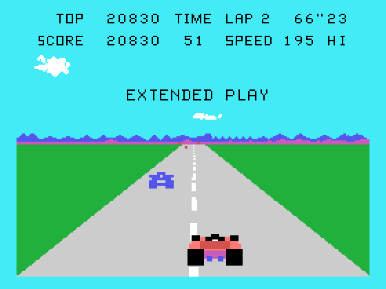 Pole Position TI-99/4A Screenshot: Lap complete, extended play!