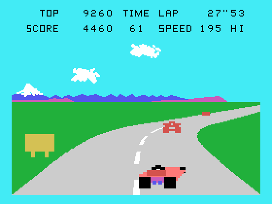 Pole Position TI-99/4A Screenshot: Sharp turn, and don't crash into other cars!