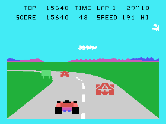Pole Position TI-99/4A Screenshot: Looks like a sharp turn ahead, be careful!