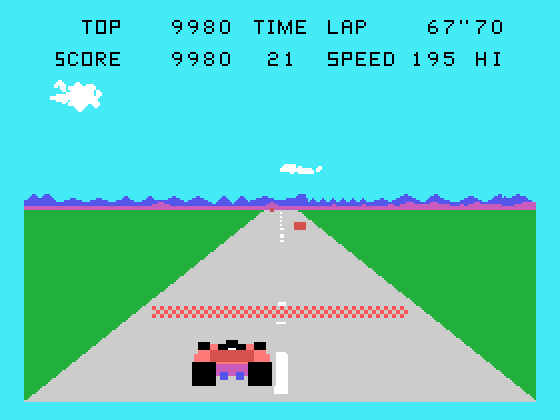 Pole Position TI-99/4A Screenshot: It's the finish line!