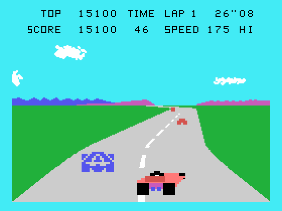 Pole Position TI-99/4A Screenshot: Swerving to avoid another car.
