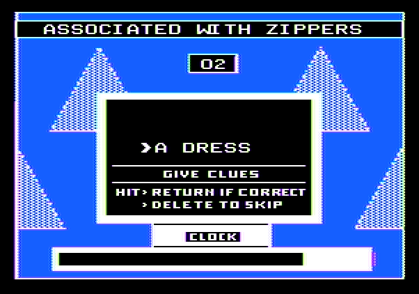 $100,000 Pyramid, The Apple II Screenshot: Things associated with zippers...