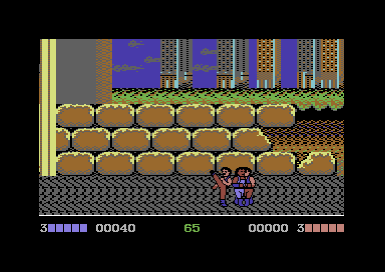 Double Dragon Commodore 64 Screenshot: Encountering some bad guys...