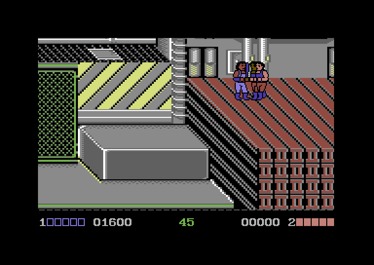 Double Dragon Commodore 64 Screenshot: Two against one? Opponents don't always fight fair...