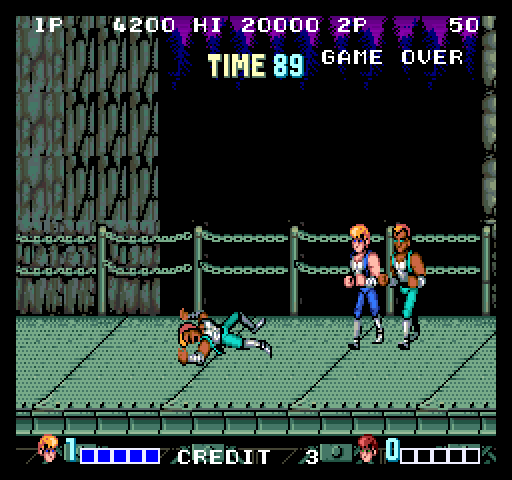Double Dragon Arcade Screenshot: One enemy knocked down, more to go...