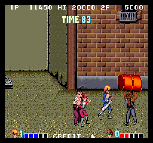 Double Dragon Arcade Screenshot: Careful, don't get hit by a thrown barrel!