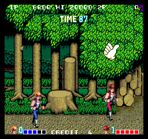 Double Dragon Arcade Screenshot: The thumb indicates which way to go next...
