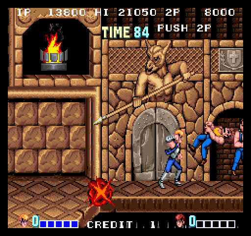 Double Dragon Arcade Screenshot: Knock out opponents, and avoid the spears!