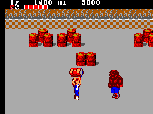 Double Dragon Sega Master System Screenshot: Pick up barrels to throw at opponents...