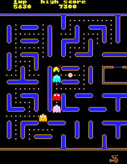 Jr. Pac-Man Arcade Screenshot: Uh oh, I'm heading straight towards a ghost!
