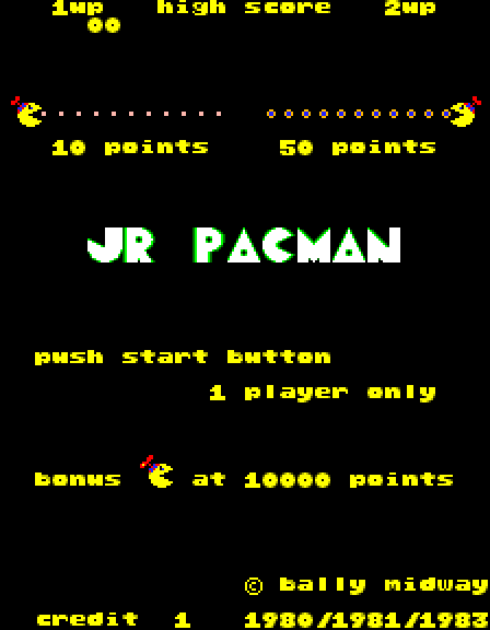 Jr. Pac-Man Arcade Screenshot: Press the start button to begin!