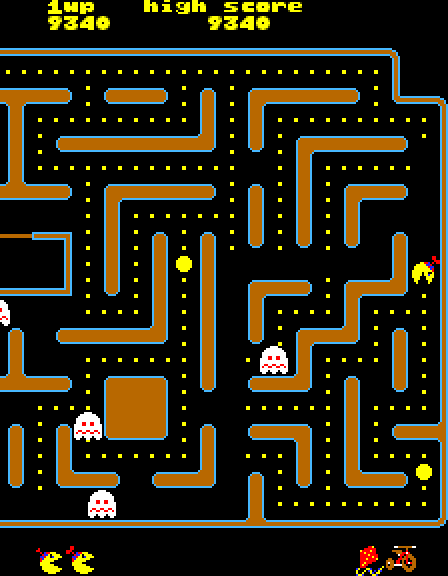 Jr. Pac-Man Arcade Screenshot: When ghosts start flashing white they are about to change back to normal...