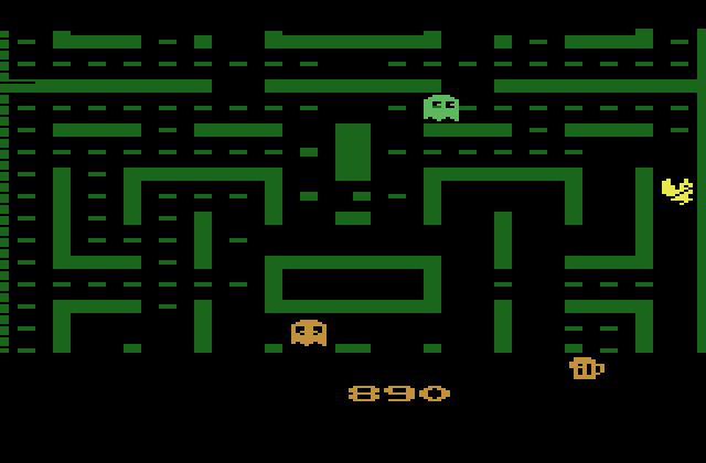 Jr. Pac-Man Atari 2600 Screenshot: Dots slow down Pac-Man, so already cleared paths are useful for an escape.