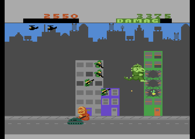 Rampage Atari 7800 Screenshot: Careful, tank fire causes a lot of damage!