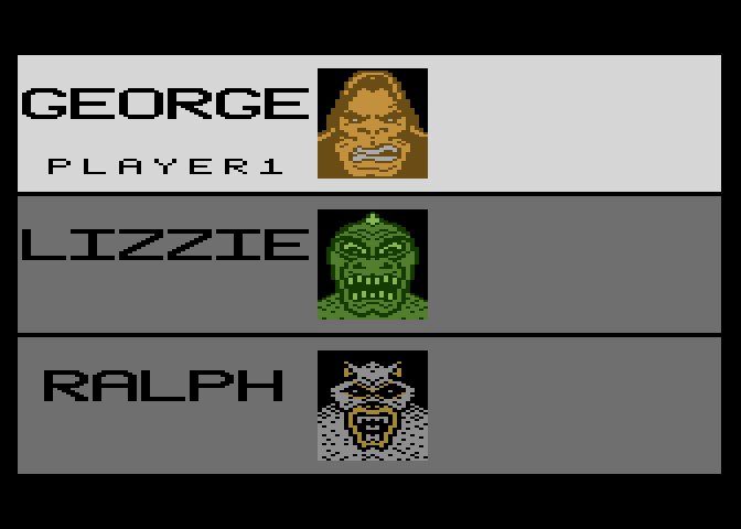Rampage Atari 7800 Screenshot: First, choose your characters...