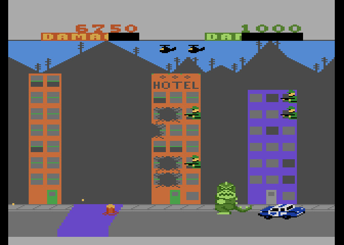 Rampage Atari 7800 Screenshot: Don't fall into the water, or some energy is lost!