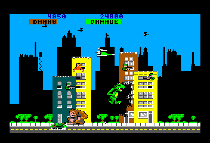 Rampage TRS-80 Color Computer Screenshot: Those tanks cause a lot of damage!