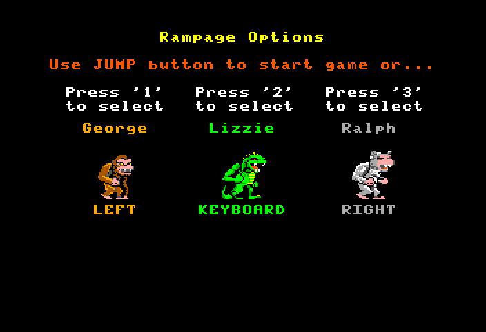 Rampage TRS-80 Color Computer Screenshot: Character setup.