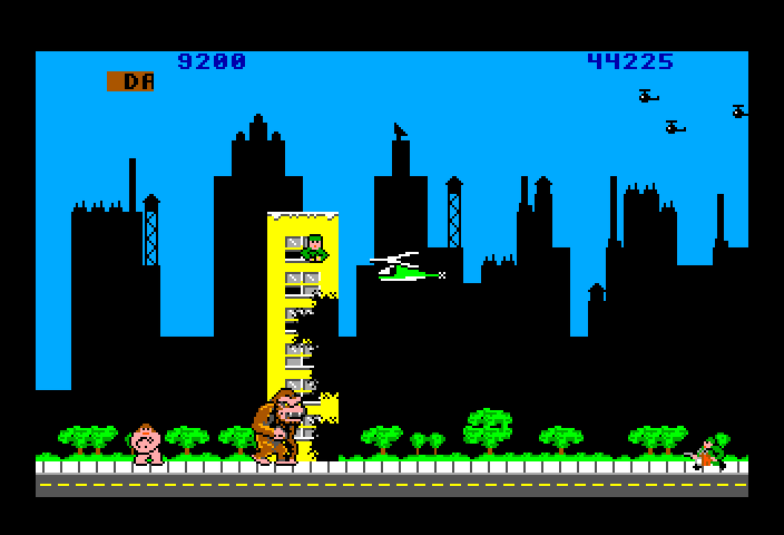 Rampage TRS-80 Color Computer Screenshot: One building left, but it's game over for player 2!