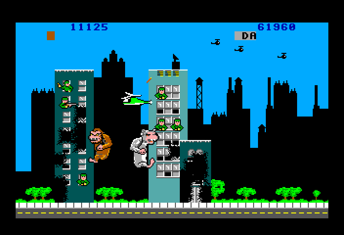 Rampage TRS-80 Color Computer Screenshot: Just a few buildings to go...