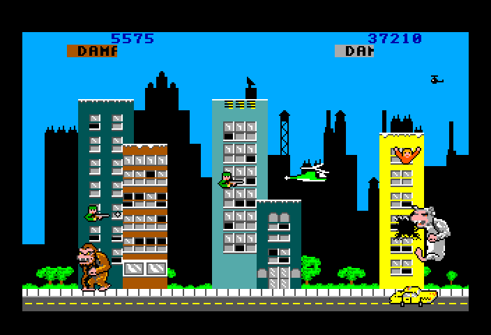 Rampage TRS-80 Color Computer Screenshot: Smash the taxi for bonus points...