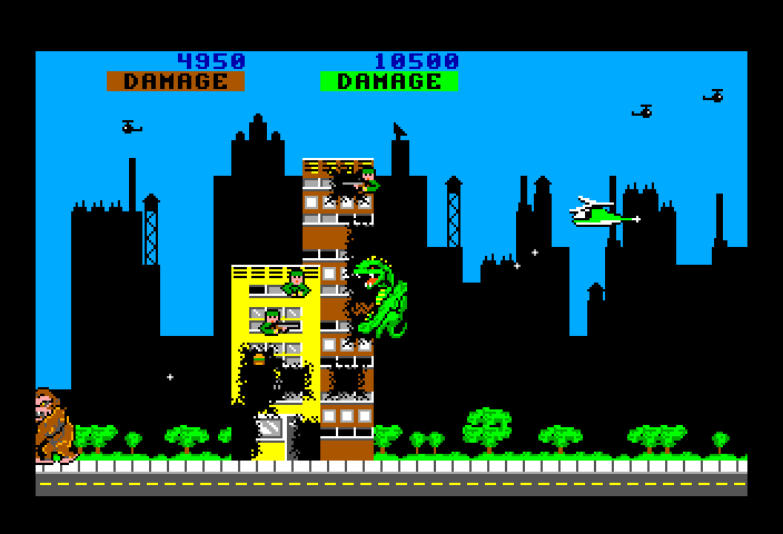 Rampage TRS-80 Color Computer Screenshot: Smashing buildings...