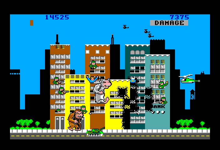 Rampage TRS-80 Color Computer Screenshot: Some cities have more buildings to smash than others...