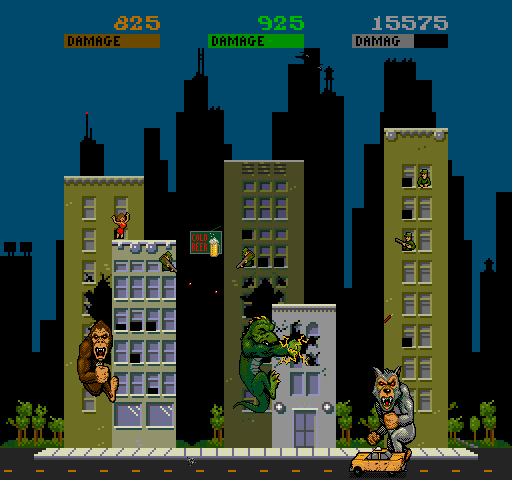 Rampage Arcade Screenshot: Lizzie punched an electral item by accident...