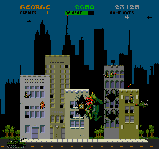 Rampage Arcade Screenshot: Ouch! Hit by the tank...