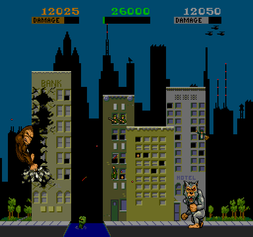 Rampage Arcade Screenshot: Falling in the water is amusing, but causes energy to be lost.
