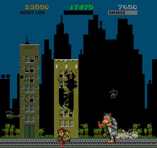 Rampage Arcade Screenshot: Spicy foods (or dynamite!) cause damage...