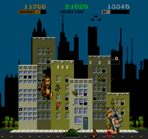 Rampage Arcade Screenshot: That guy hiding in the manhole restores energy, if you can catch him...