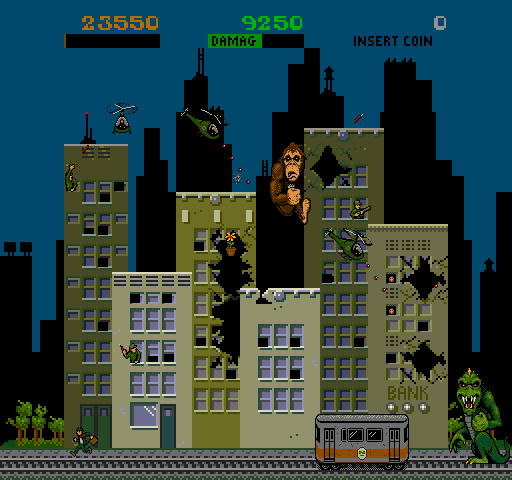 Rampage Arcade Screenshot: Smash the trolley for bonus points.