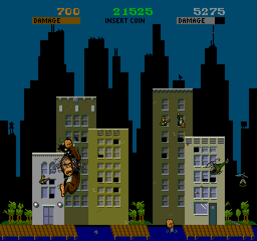 Rampage Arcade Screenshot: Some cities have water to fall into...