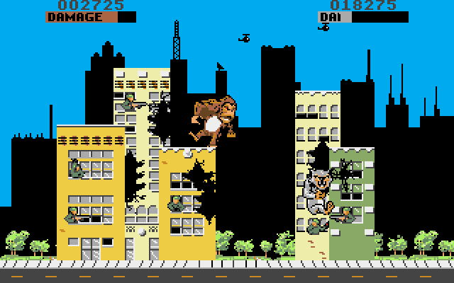 Rampage Amiga Screenshot: Careful, don't fall off of the building!
