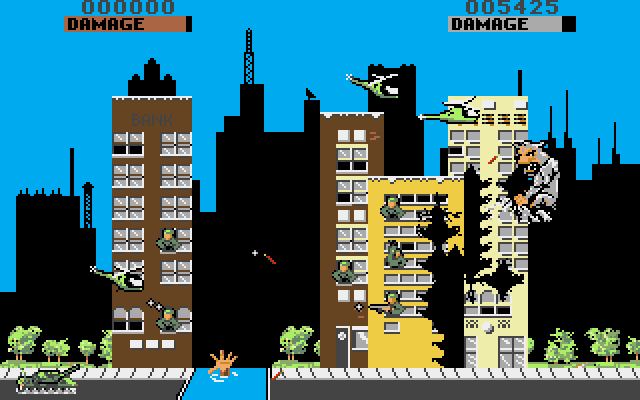 Rampage Amiga Screenshot: Falling in the water causes energy to be lost...