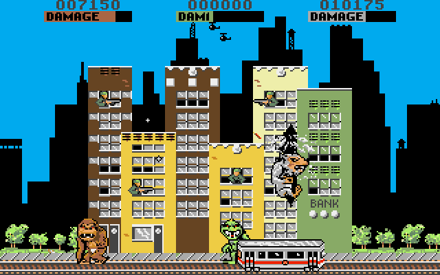 Rampage Amiga Screenshot: Smashing the trolley earns bonus points.