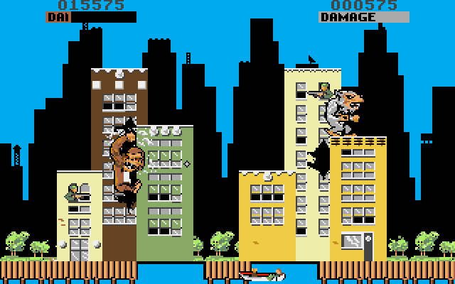 Rampage Amiga Screenshot: This city has a lot of water to get in the way!