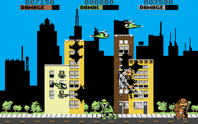 Rampage Amiga Screenshot: Smashing some buildings.