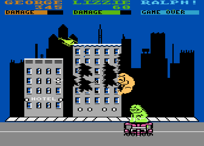 Rampage Atari 8-bit Screenshot: Punch the trolley for bonus points.